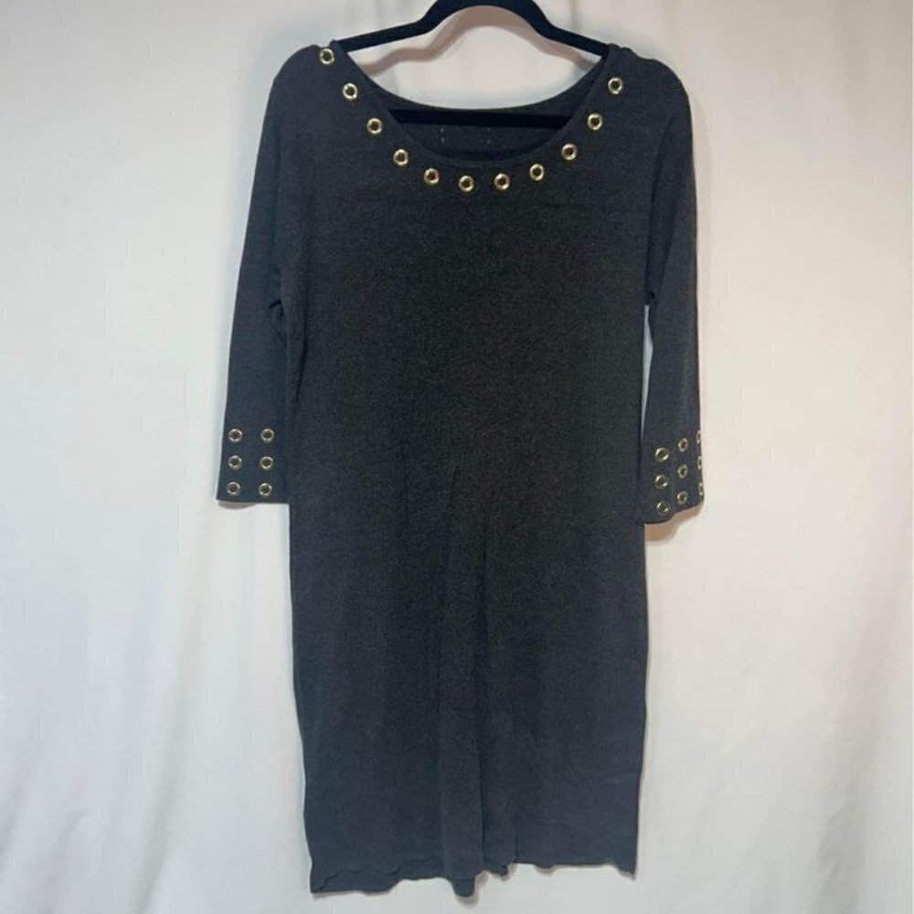 Woman’s knit dress with grommet detail and 3/4 sleeves. Charcoal gray. Size L.